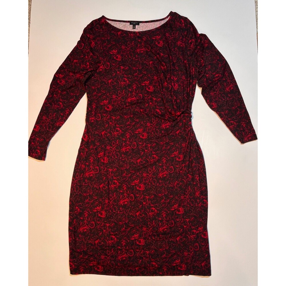 Talbots Black and Red Flower Print Faux Wrap Knit Dress Sz XLP strechy comfy